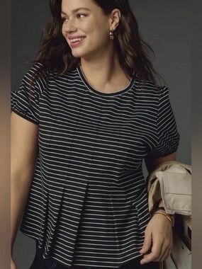 Anthropologie Maeve Black & White Striped Corset Peplum Short Sleeve Top size M